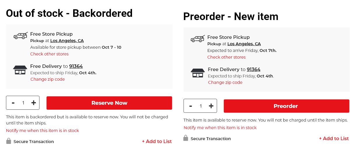 Wireframes showing Out of Stock Backordered and Preorder New Item states, both with Reserve Now or Preorder CTAs and notify-me links